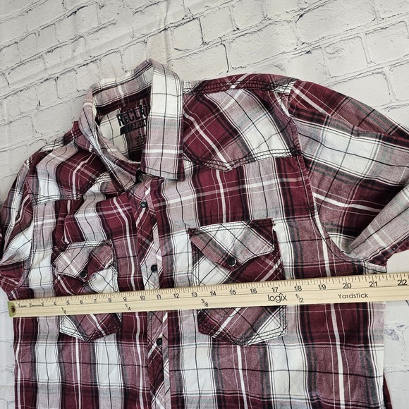 ReClaim Standard Large Pearl Snap Long Sleeve Shirt Double Pocket Burgundy Plaid - Picture 6 of 8